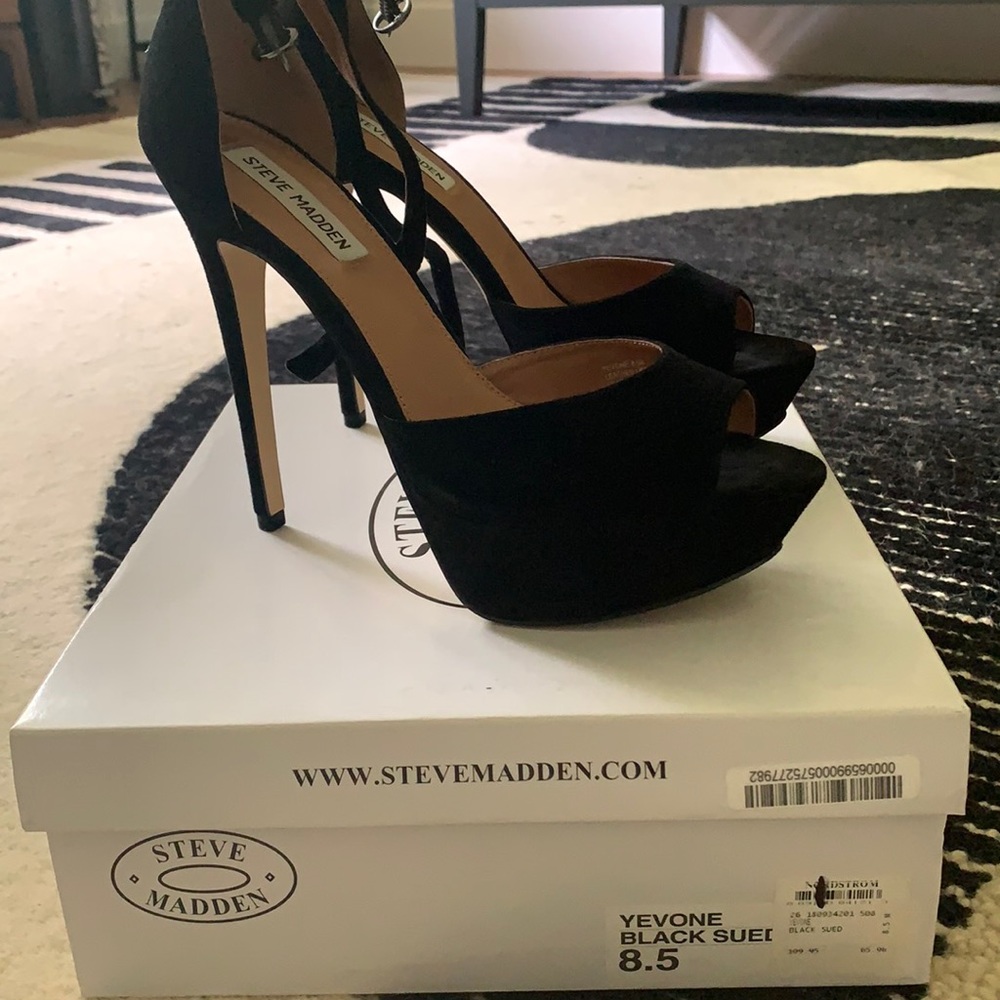 Black Suede Steve Madden ankle strap heel